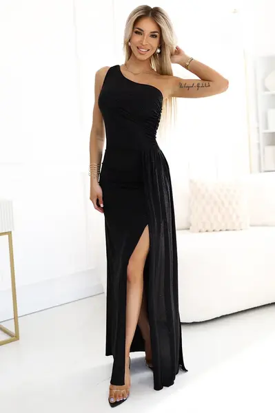600-1 SELENA stunning long one-shoulder dress with glitter shine and a slit on the leg – BLACK