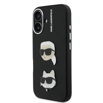 Zadní kryt Karl Lagerfeld Grained PU K&CH Heads pro Apple iPhone 16, černá