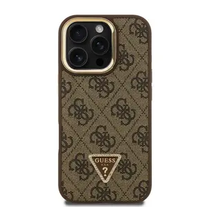 Zadní kryt Guess PU 4G Strass Triangle Logo Stand Camera Frame MagSafe Zadní pro Apple iPhone 16 Pro, hnědá