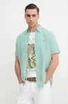Košile s příměsí lnu Tommy Hilfiger pánská, zelená barva, regular, s límečkem button-down, MW0MW39155