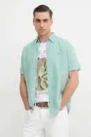 Košile s příměsí lnu Tommy Hilfiger pánská, zelená barva, regular, s límečkem button-down, MW0MW39155