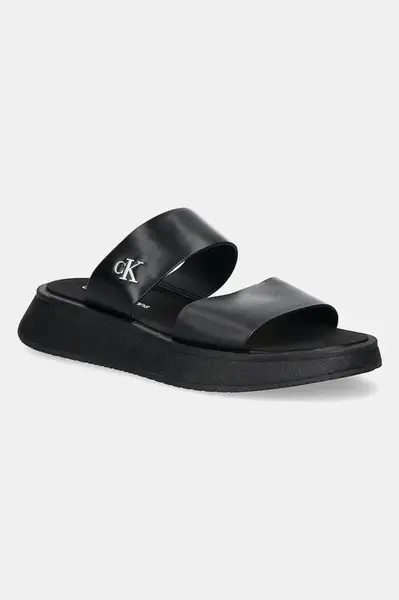 Pantofle Calvin Klein Jeans SANDAL SLIDE DOUBLE STRAP dámské, černá barva, na platformě, YW0YW01694