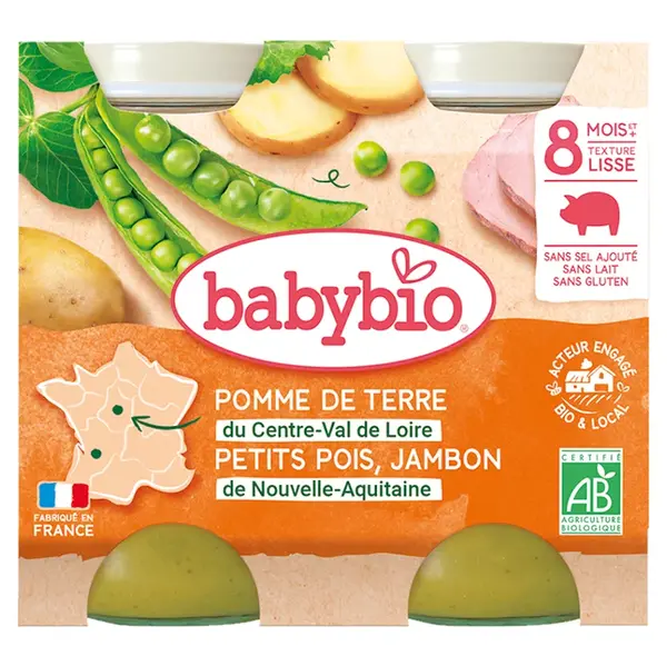 BABYBIO menu zemiaky a hrášok so šunkou 2x200 g