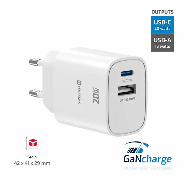 Swissten Síťový Adaptér Edge GaN 1x USB-C PD 20W + 1x USB-A 18W QC bílá