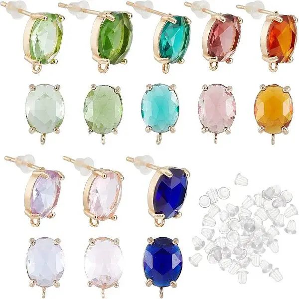16Pcs 8 Colors Brass Glass Stud Earring Findings