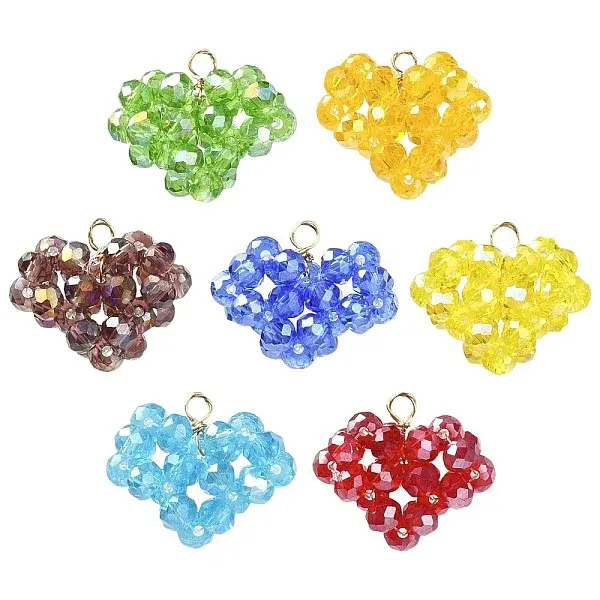 7Pcs 7 Colors Handmade Copper Wired Glass Beaded Heart Pendants