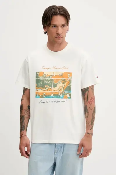 Bavlněné tričko Tommy Jeans pánské, béžová barva, s potiskem, DM0DM21387