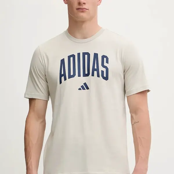 Bavlněné tričko adidas Collegiate pánské, béžová barva, s potiskem, JM6415