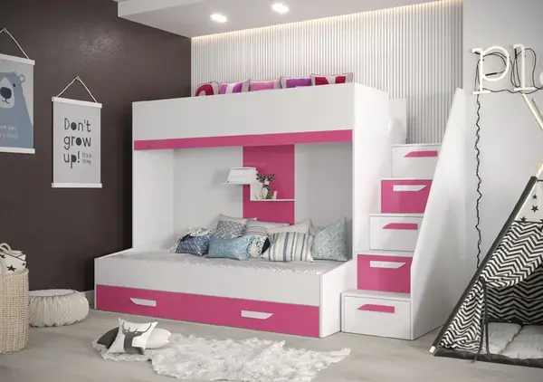 Dětský pokoj Party 16a s volbou barvy dvířek, 2 postele, pozvolné schody Barva korpusu: Bílá, Dveře: Růžová
