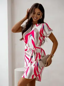 Resti Women's mini dress with short sleeves and belt decorated with florals