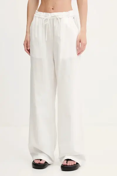 Kalhoty s příměsí lnu Tommy Jeans béžová barva, high waist, DW0DW20352