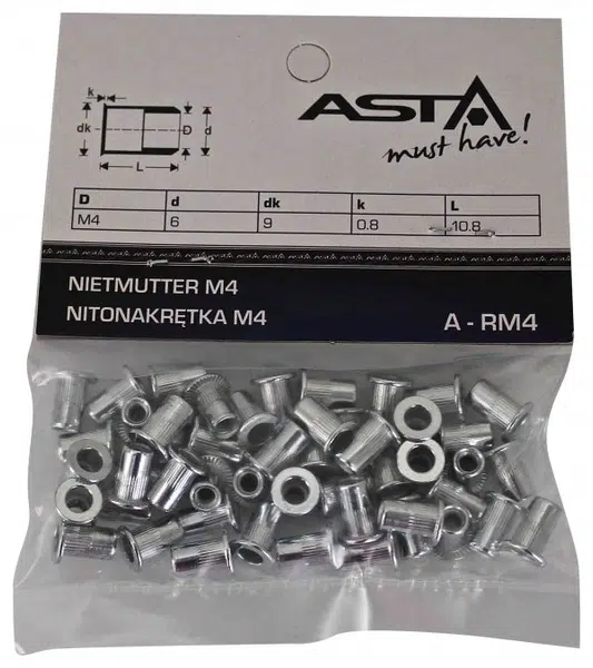 Maticové nýty M3 x 10 mm, s plochou hlavou, ocel, balení 50 ks - ASTA Velikost: M4x11 mm