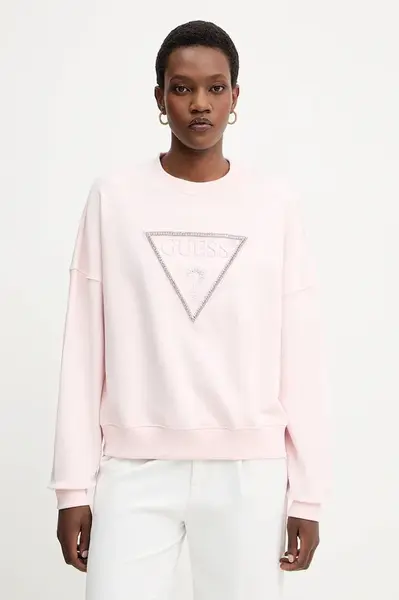 Bavlněná mikina Guess RACHELE dámská, růžová barva, s aplikací, W5YQ04 KC8I0
