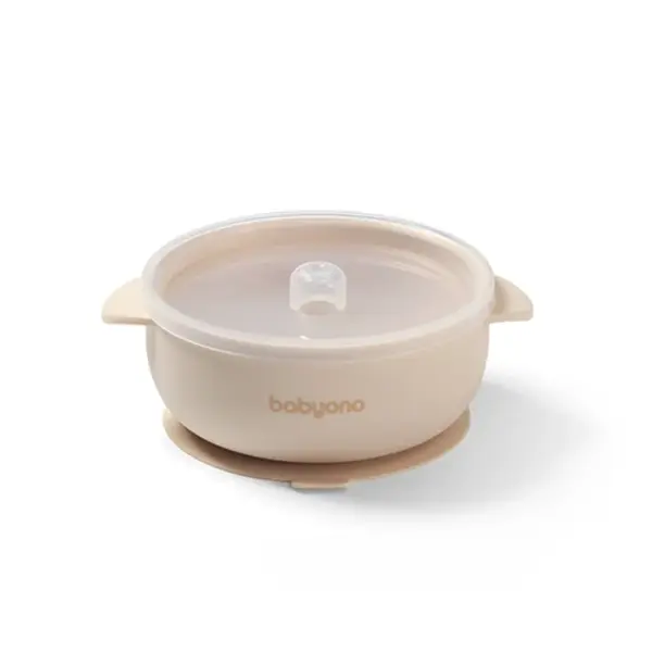 Babyono Silikonová miska s přísavkou a víčkem  - béžová
