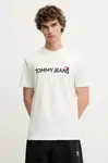 Bavlněné tričko Tommy Jeans pánské, bílá barva, s potiskem, DM0DM21585