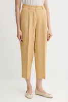 Lněné kalhoty Sisley dámské, žlutá barva, široké, high waist, 4AGHLF06R