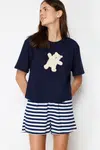 Trendyol Navy Blue 100% Cotton Teddy Bear Shorts Knitted Pajama Set