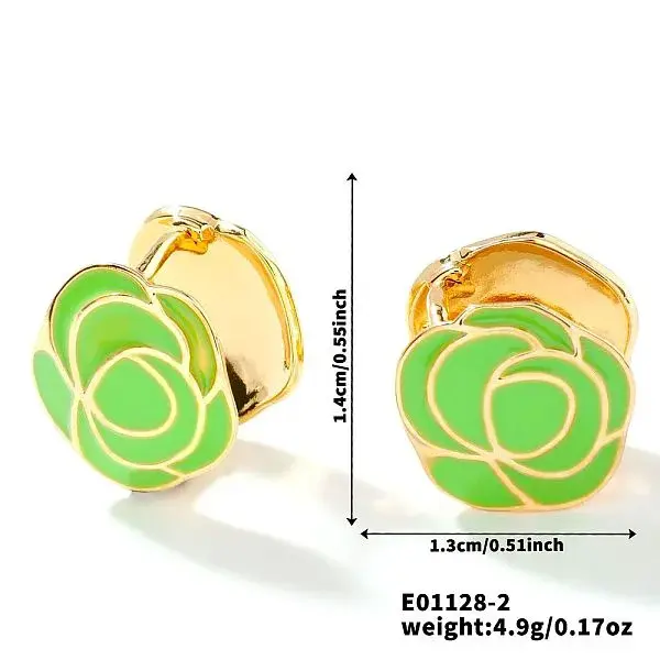 Vintage Brass Enamel Mountain Camellia Hoop Earrings