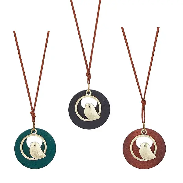 3Pcs 3 Colors Alloy Flat Round with Bird Pendant Necklaces Set with Faux Suede Cords