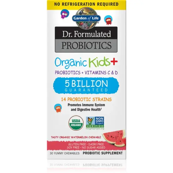 Garden of Life Dr. Formulated Organic Kids + Probiotics + Vitamin C & D žuvacie mäkké tobolky na podporu imunitného systému príchuť Watermelon 30 tbl