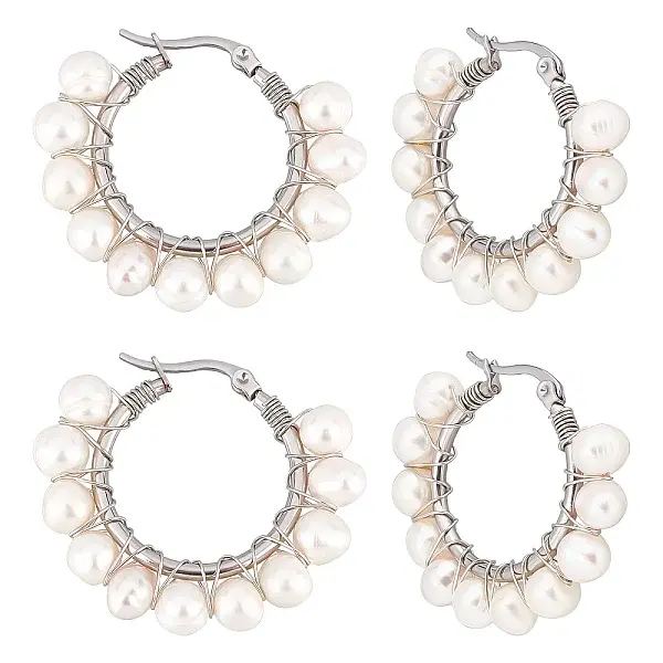 4 Pairs Natural Pearl Braided Hoop Earrings