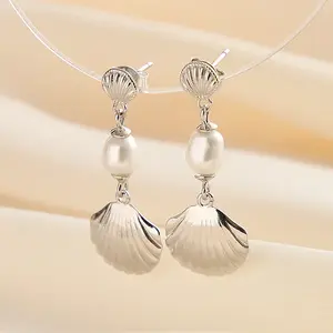 925 Sterling Silver Shell Shape Dangle Stud Earrings
