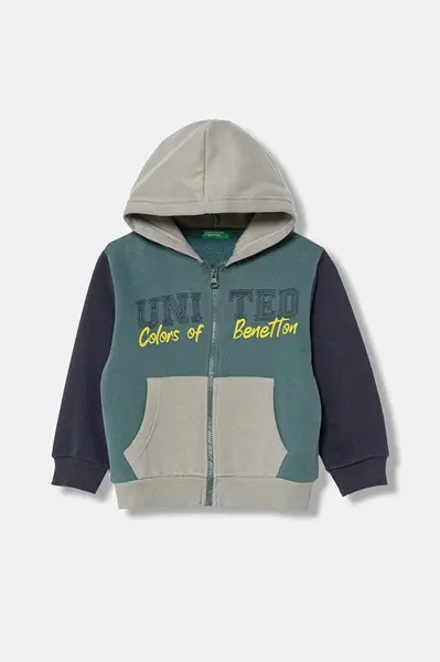 Dětská mikina United Colors of Benetton modrá barva, s kapucí, s potiskem, 3EB5G5043