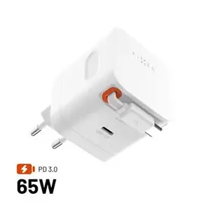 Síťová GaN nabíječka FIXED s 2xUSB-C, podpora PD 3.0, se samonavíjecím kabelem, 65W, bílá