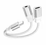 Nabíjecí audio adaptér Swissten Textile USB-C (samec) / USB-C (samice) a 3,5mm AUX 0,12m bílá