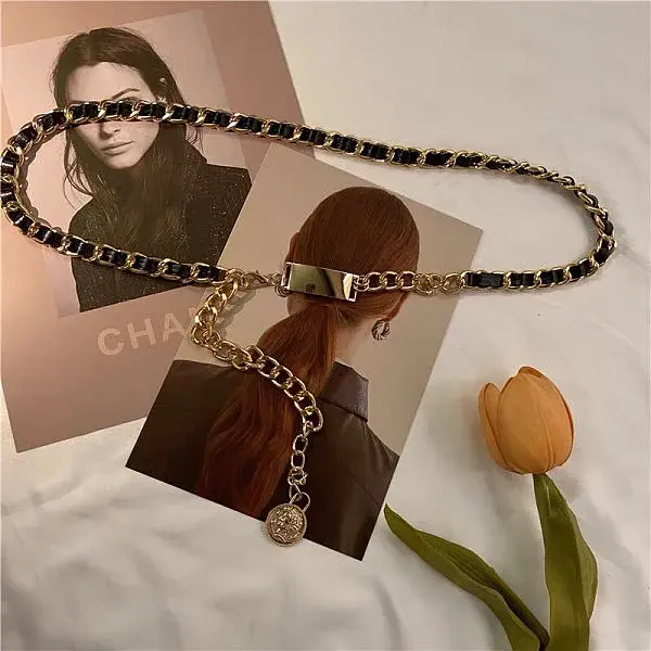 Alloy Twisted Chain & Black PU Leather Chain Belts for Women