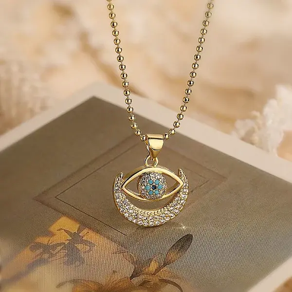 Brass Micro Pave Clear Cubic Zirconia Evil Eye Pendant Ball Chain Necklaces for Women