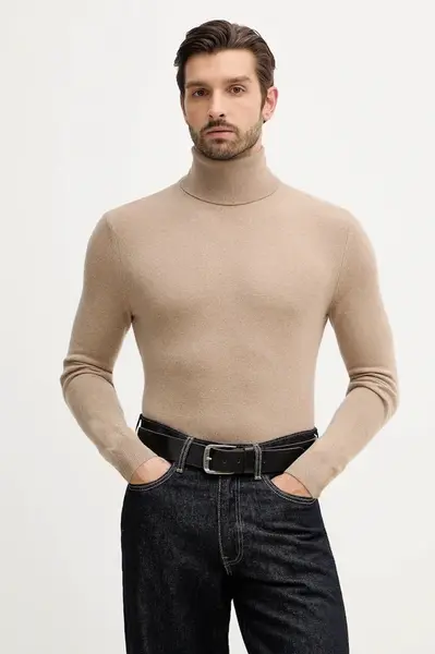 Svetr z vlněné směsi Sisley pánský, béžová barva, s golfem, 102HS2177