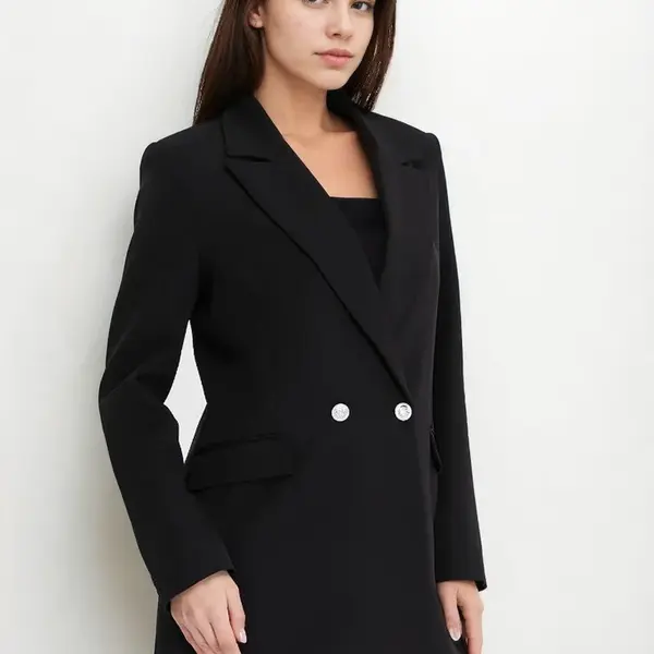 26139 Dewberry Womens Large Size Woven Blazer Jacket-BLACK