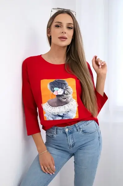 Blouse with 3D graphics, lace red