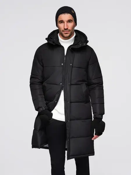 Ombre Men's quilted long jacket with detachable hood - black