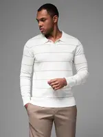 Ombre Men's horizontal striped polo longsleeve with viscose - white and beige