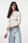 Trendyol Ecru Crop Bavlnený pruhovaný pletený sveter