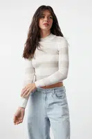 Trendyol Ecru Crop Bavlnený pruhovaný pletený sveter