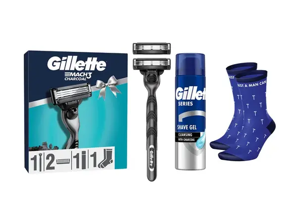 Gillette Xmass sada holicí strojek + 2 hlavice, ponožky a gel na holení 200 ml