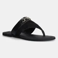 Kožené žabky Tommy Hilfiger MIXED LEATHER HORSEBIT THONG dámské, černá barva, na plochém podpatku, FW0FW08506