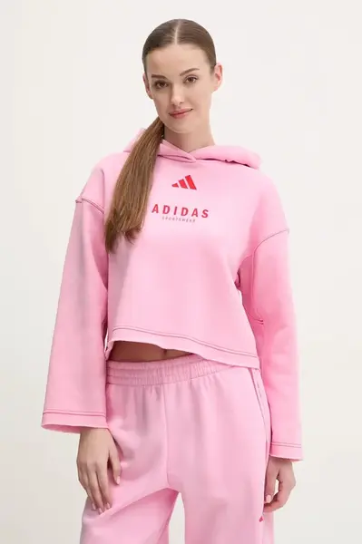 Mikina adidas ALL SZN Graphic dámská, růžová barva, s kapucí, s potiskem, JJ4519
