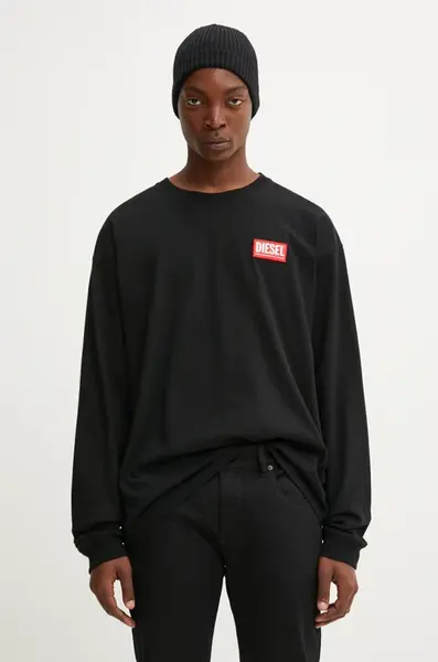 Bavlněné tričko s dlouhým rukávem Diesel T-BOXT-LS-LAB černá barva, s aplikací, A14948.0NIAR