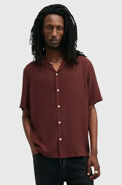 Košile AllSaints VENICE pánská, vínová barva, relaxed, s klasickým límcem, M159SB