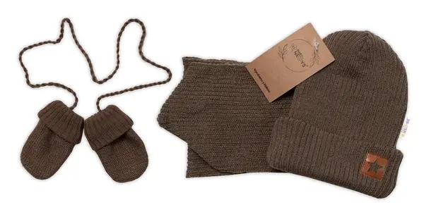 Baby Nellys Pletená čepice s šálou a rukavičky 3v1, STAR,hnědá
