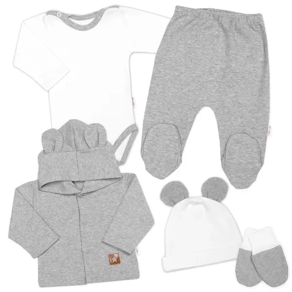Baby Nellys Žebrovaná sada, Star 5D, body, polodupačky, kabátek, čepička - šedá, bílá, 62