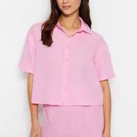 Trendyol Light Pink Elastic Detailed Shirt-Shorts Woven Pajamas Set
