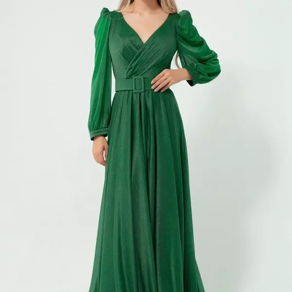 Dámské smaragdově zelené šaty Lafaba, s dvojitým límcem, třpytivým dlouhým rozšířeným večerním šatem.