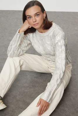 Trendyol Stone Wide Pattern Foil Printed Knitwear Sweater