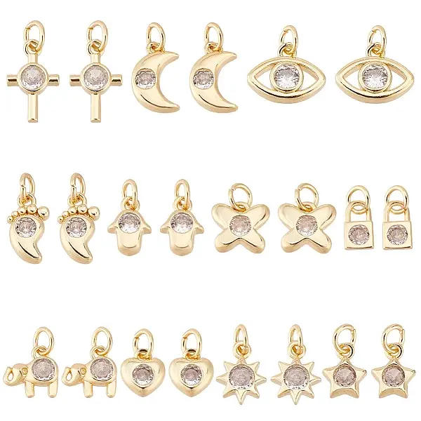 22Pcs 11 Styles Brass Micro Pave Clear Cubic Zirconia Charms