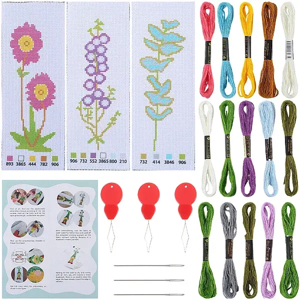 3 Bags 3 Styles Cotton Plastic Iron Hand Embroidery Bookmark Kits